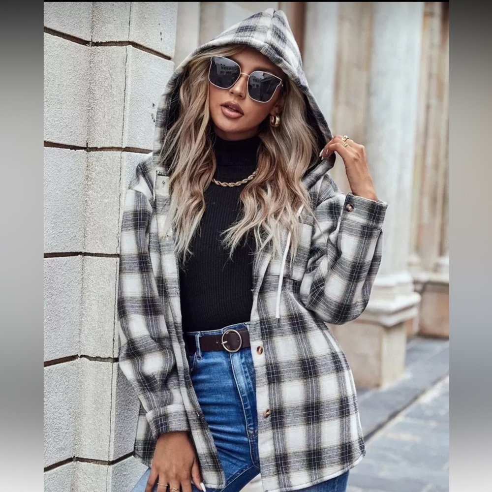 SHEIN Plaid Button-Up Jacket with Hood - Picture 3 of 8